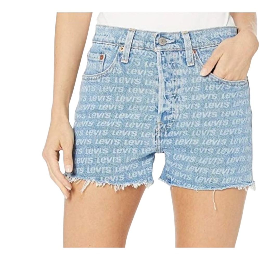 Levi's 501 Denim High Rise Cutoff Shorts All Over Logo Print Frayed Hem Size 29